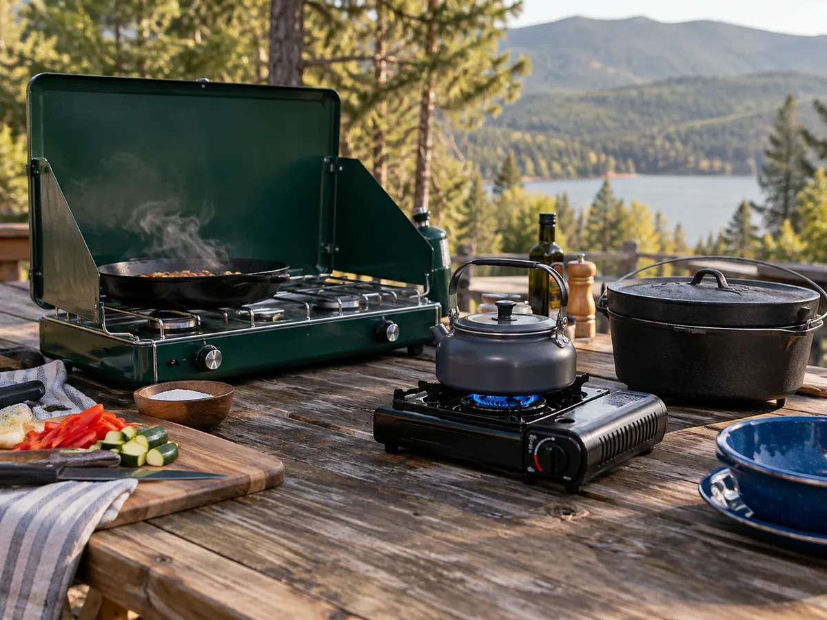 Outdoor cooking equipment including burners, cookware, utensils and a kettle