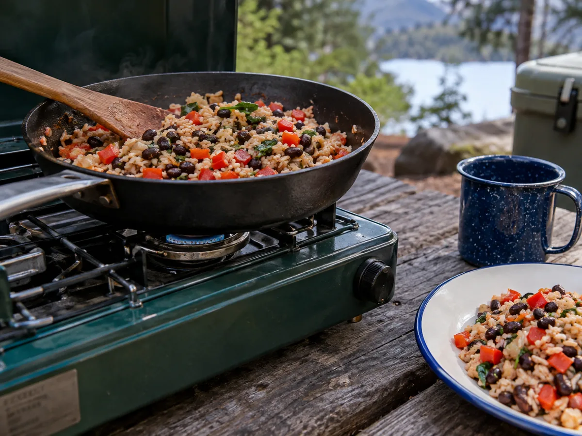 A simple rice and black bean meal cooking on an outdoor camp stove