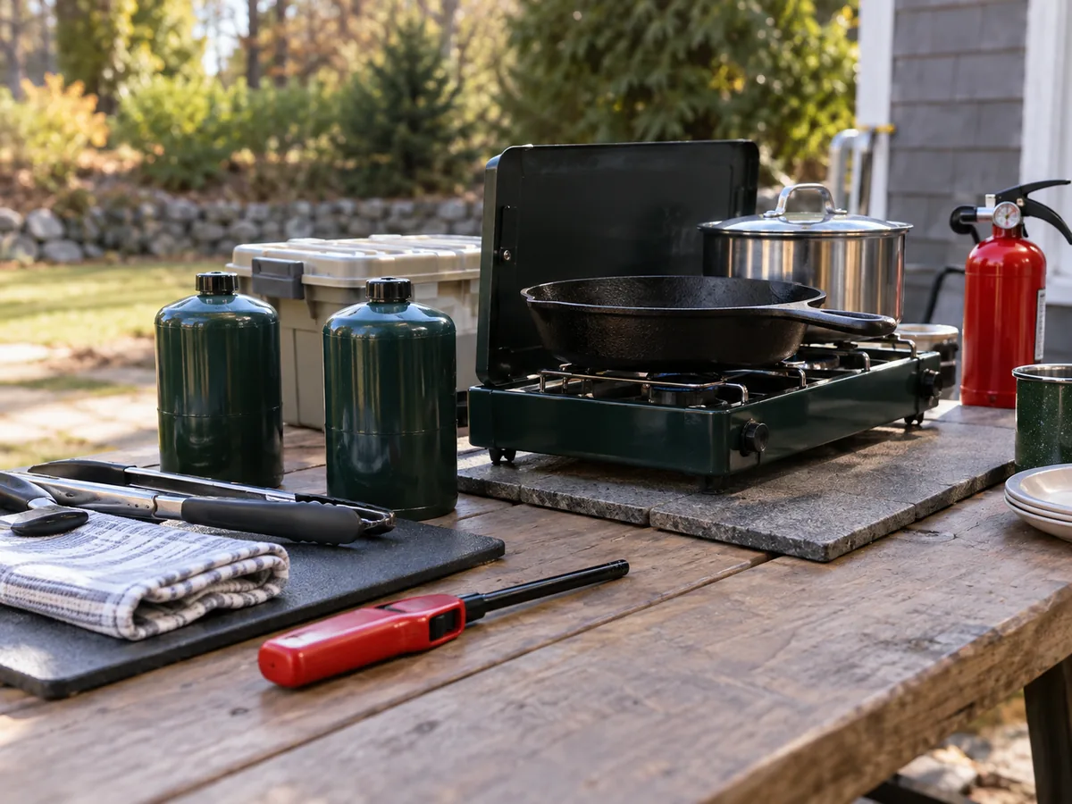 A propane camp stove used outdoors at a stable cooking station