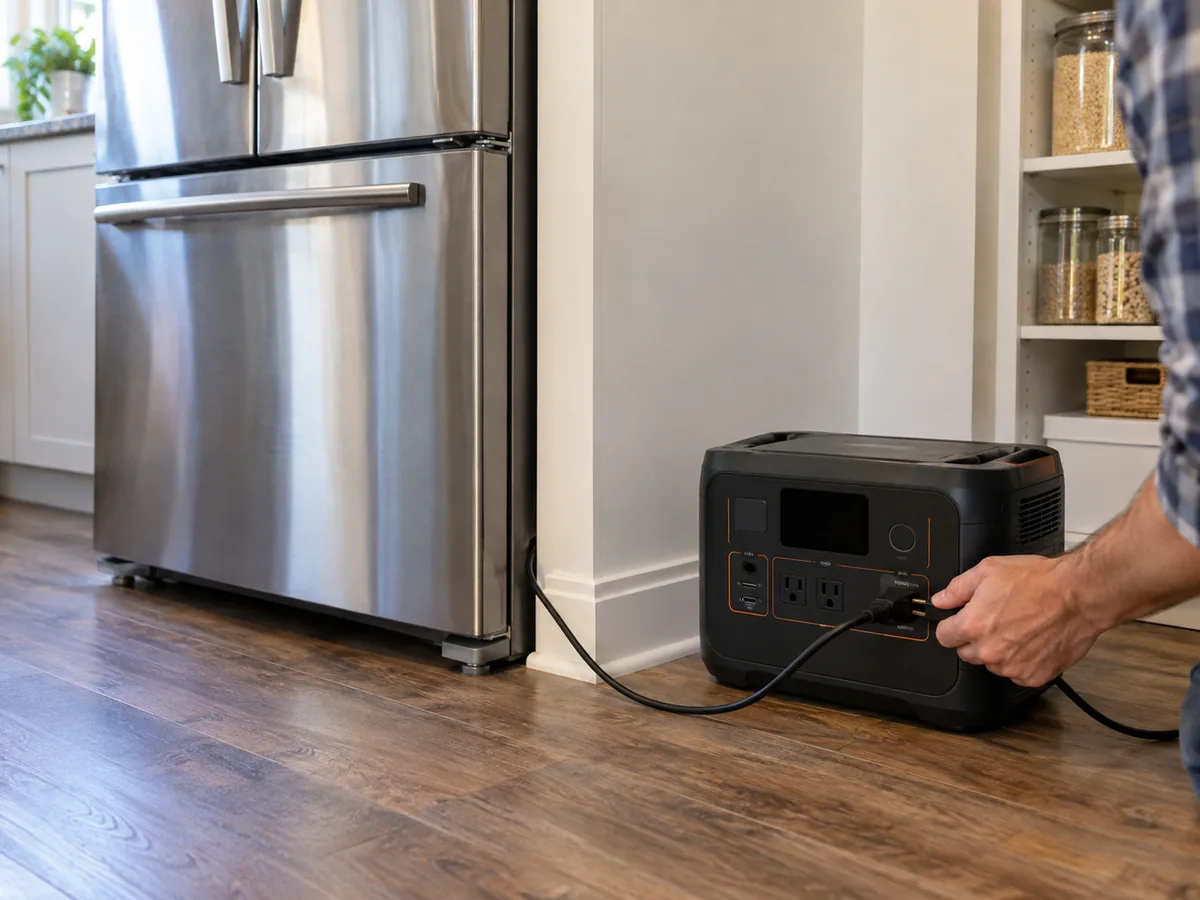 A portable battery power station connected to a household refrigerator