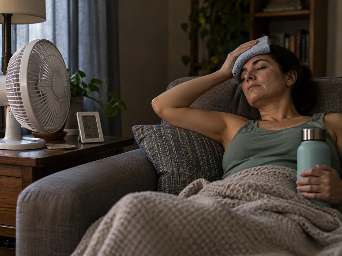 A woman cooling her forehead with a damp cloth while resting in a dim room
