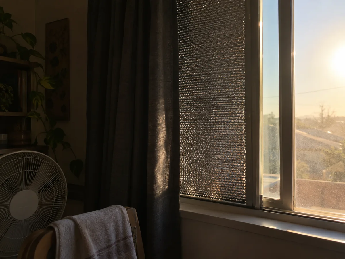A sun-facing window partly shaded with reflective material and a dark curtain