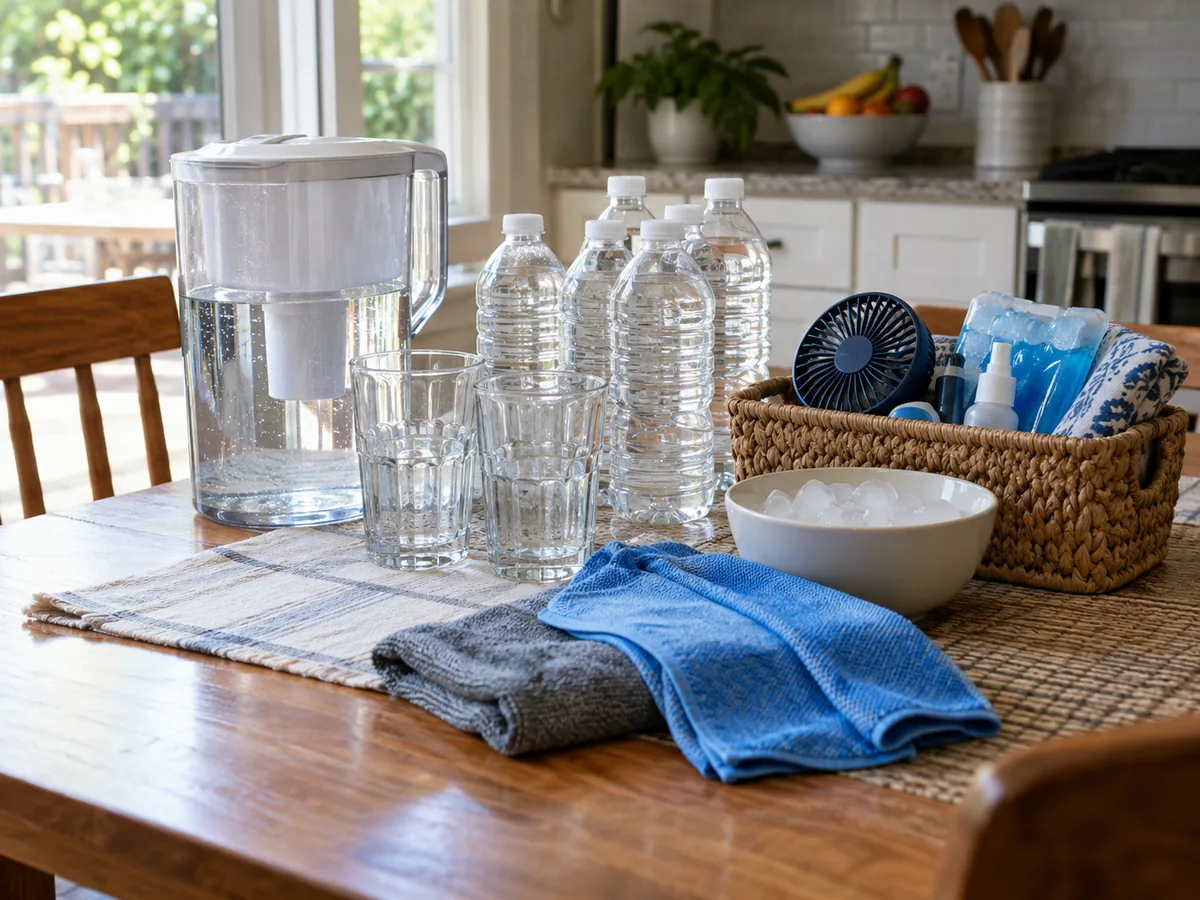Drinking water, cold towels and cooling supplies arranged on a kitchen table