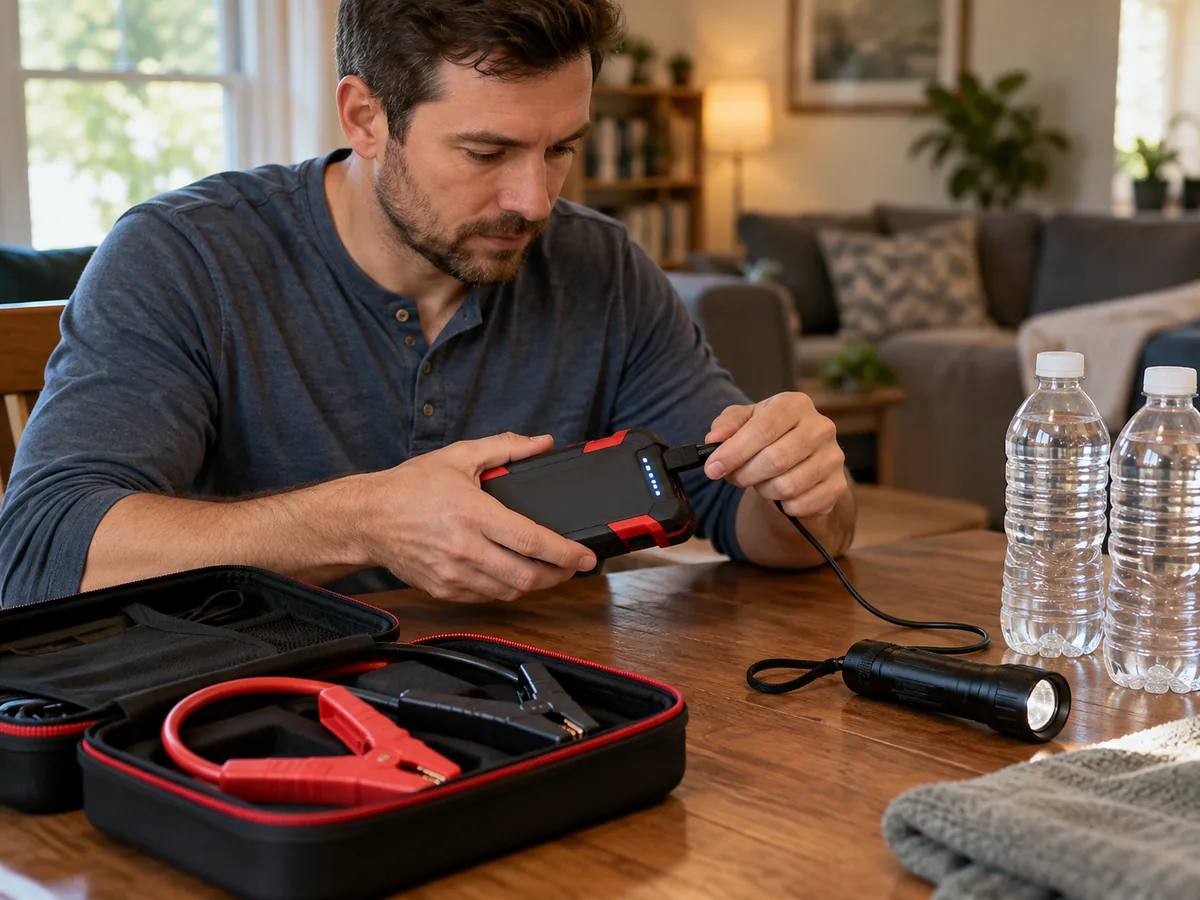 Someone checking a compact portable jump starter indoors with other emergency gear nearby