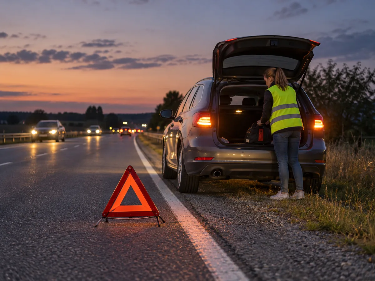 A roadside warning triangle set behind a stopped vehicle at dusk while the driver accesses the rear cargo area