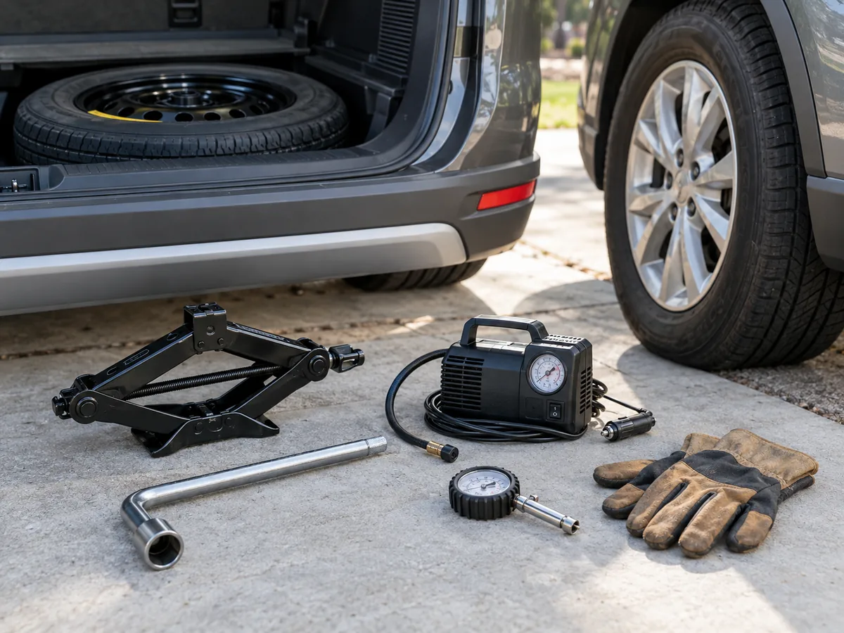 A compact tire inflator, pressure gauge, work gloves and vehicle tools laid out beside a vehicle
