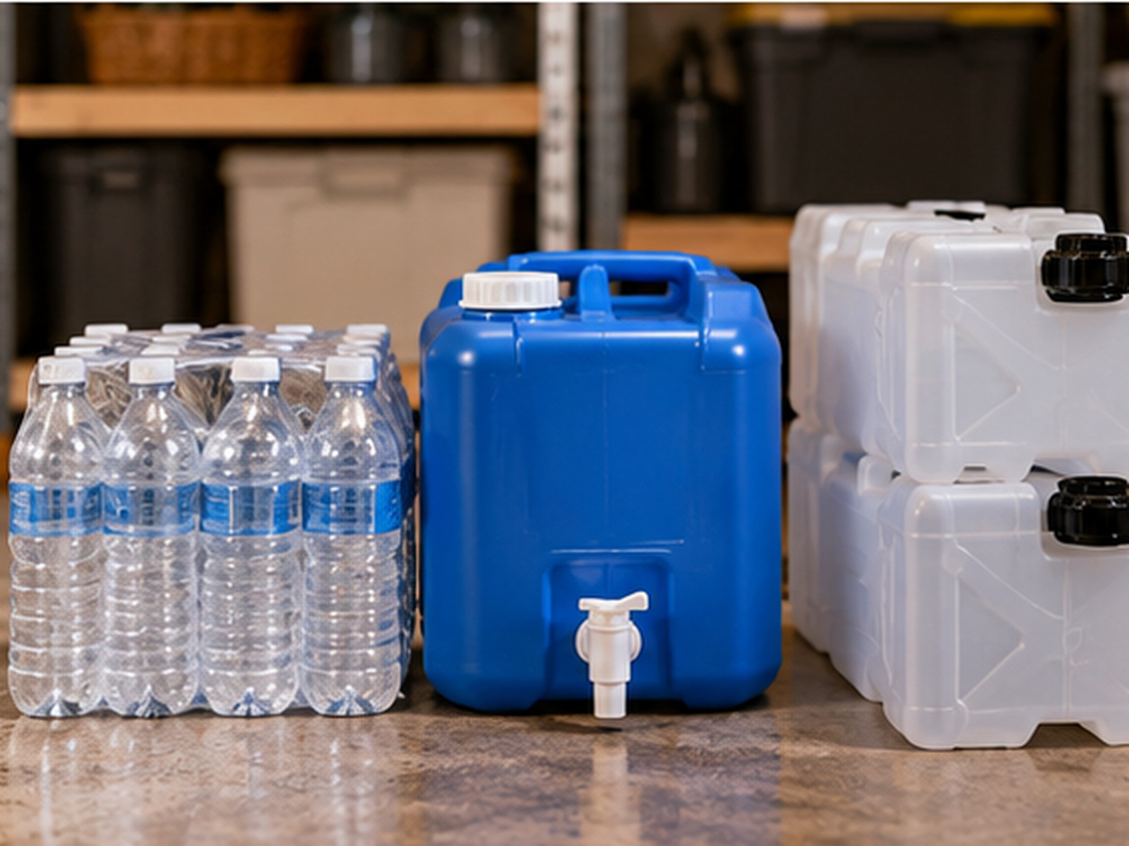 Bottled water, a refillable spigot container, and modular water containers shown side by side