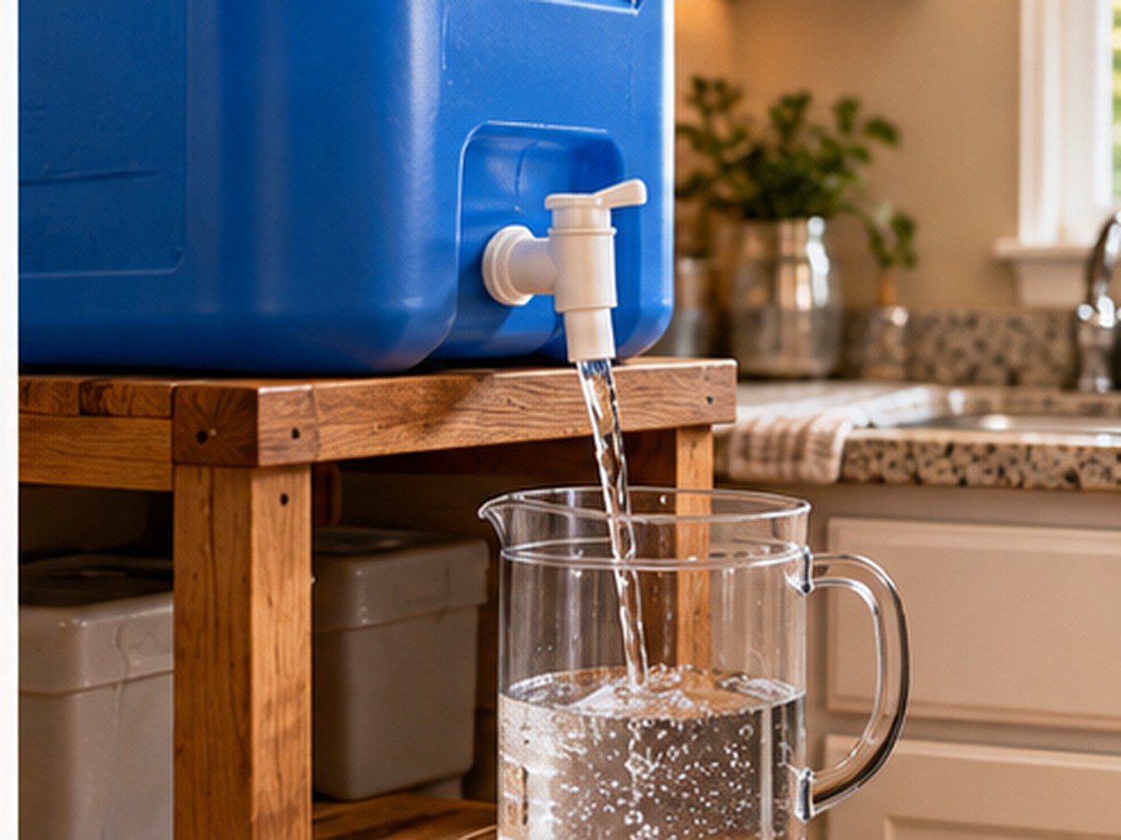 A refillable water container dispensing into a pitcher from a sturdy stand