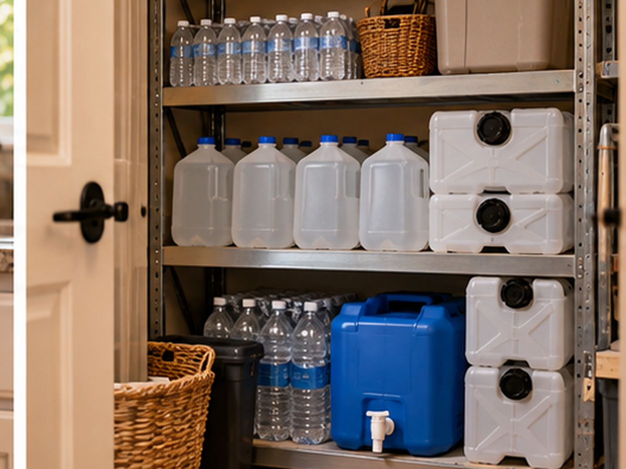 Bottled and refillable drinking water organized on accessible indoor shelving