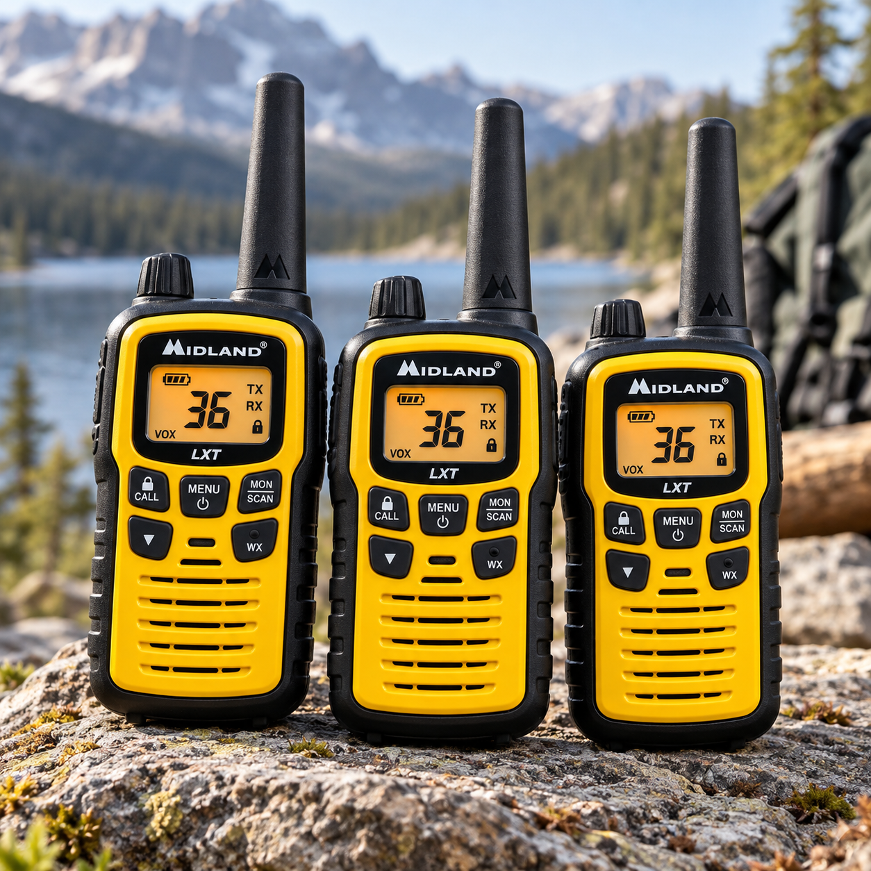 Created illustration of Midland LXT630X3VP3 FRS Walkie Talkies, Yellow Three-Pack