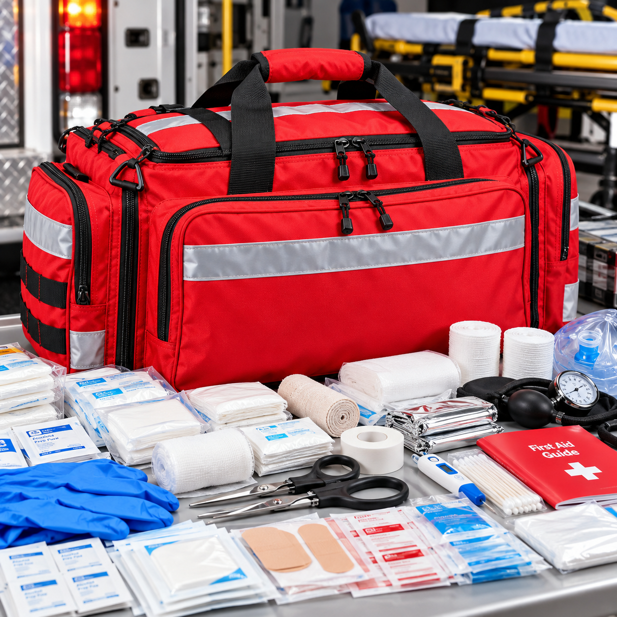 Created illustration of MFASCO 415-Piece Reflective Red Emergency Response First Aid Bag