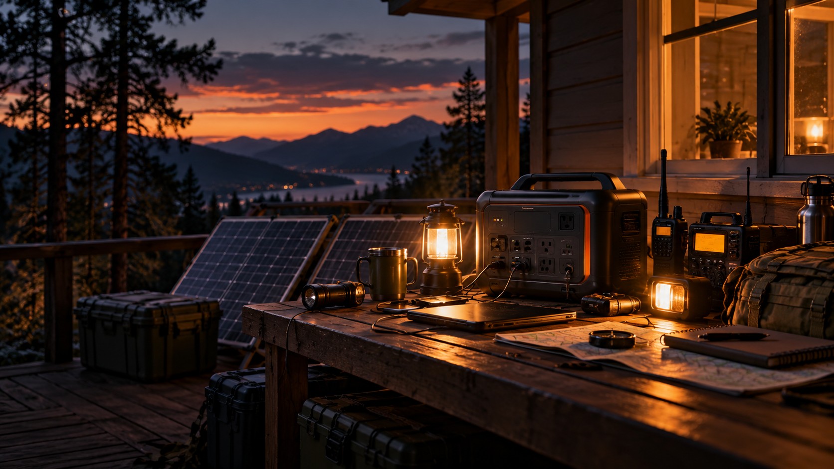 Portable power station, solar panels, radios and emergency lighting at dusk