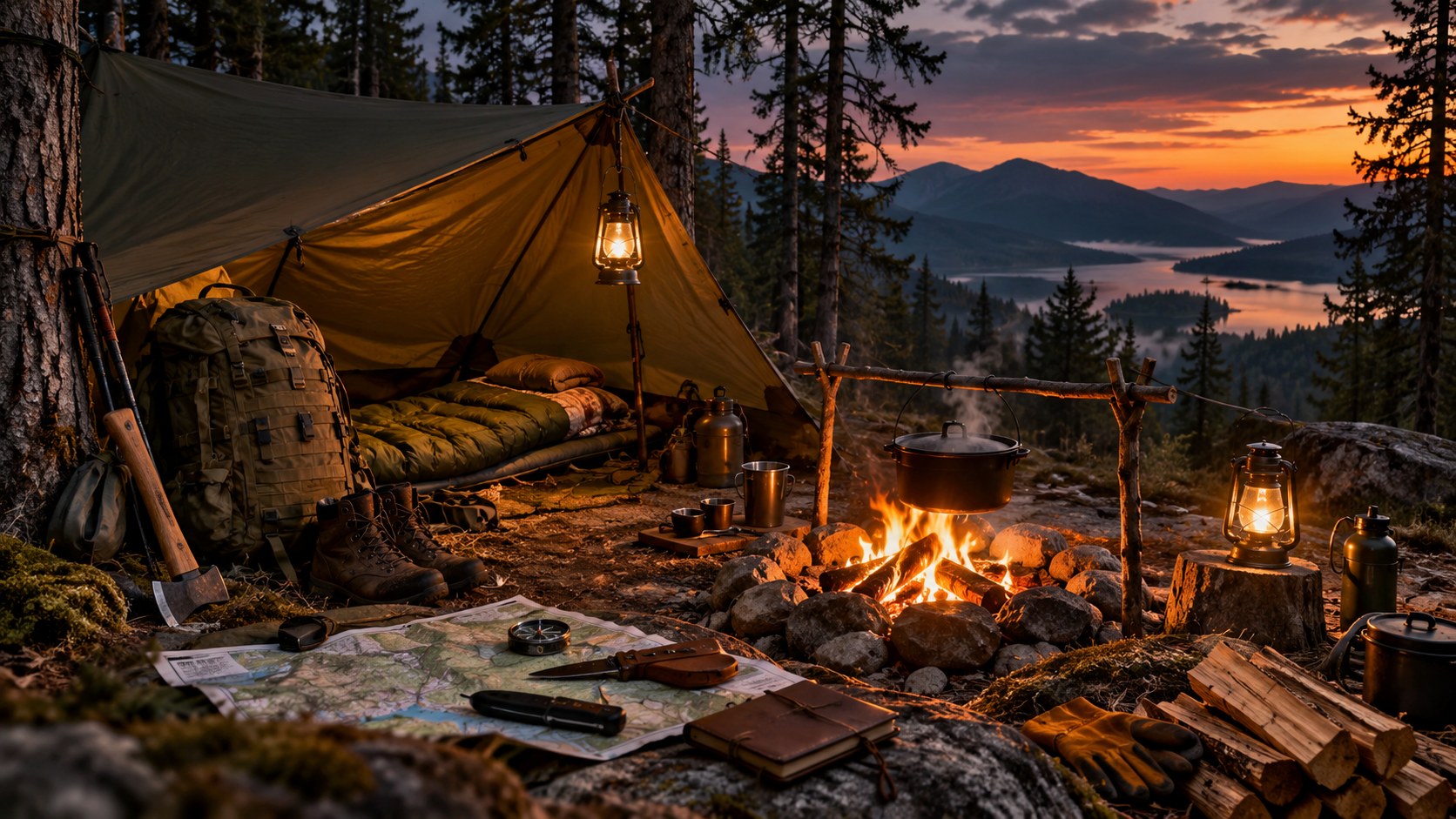 Prepared wilderness camp at sunset