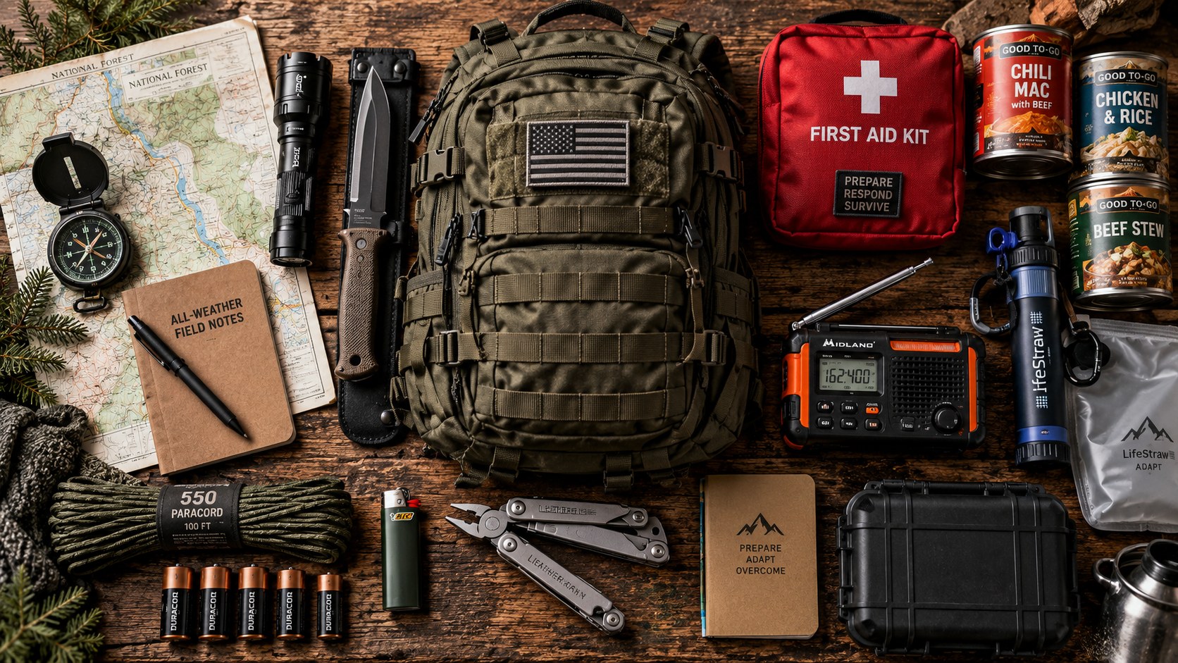 Preparedness gear arranged for an emergency kit