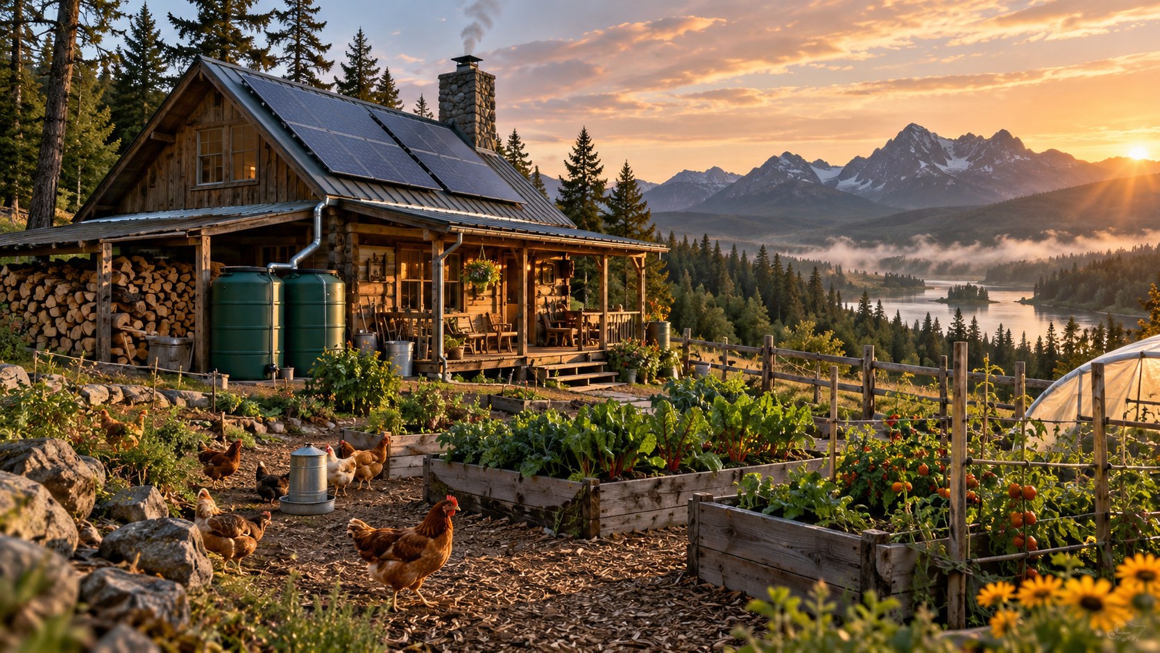 Off-grid homestead with solar, water storage and garden