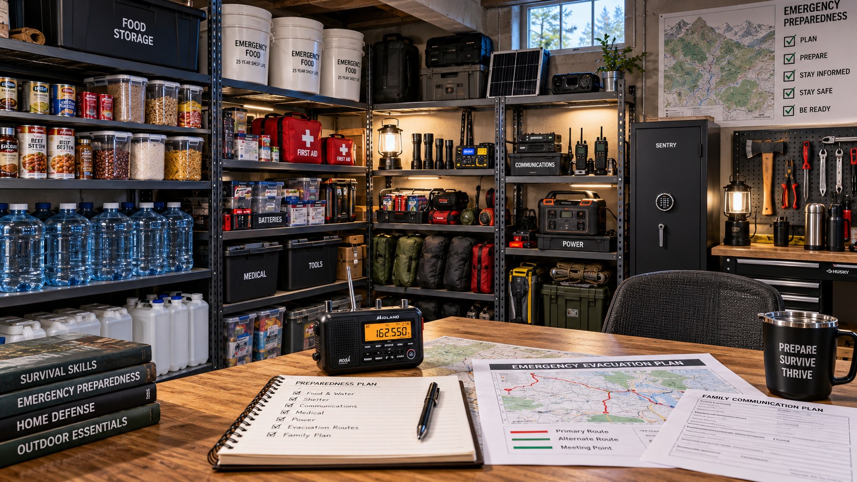 Organized emergency preparedness storage with food, water, medical, communications and power supplies