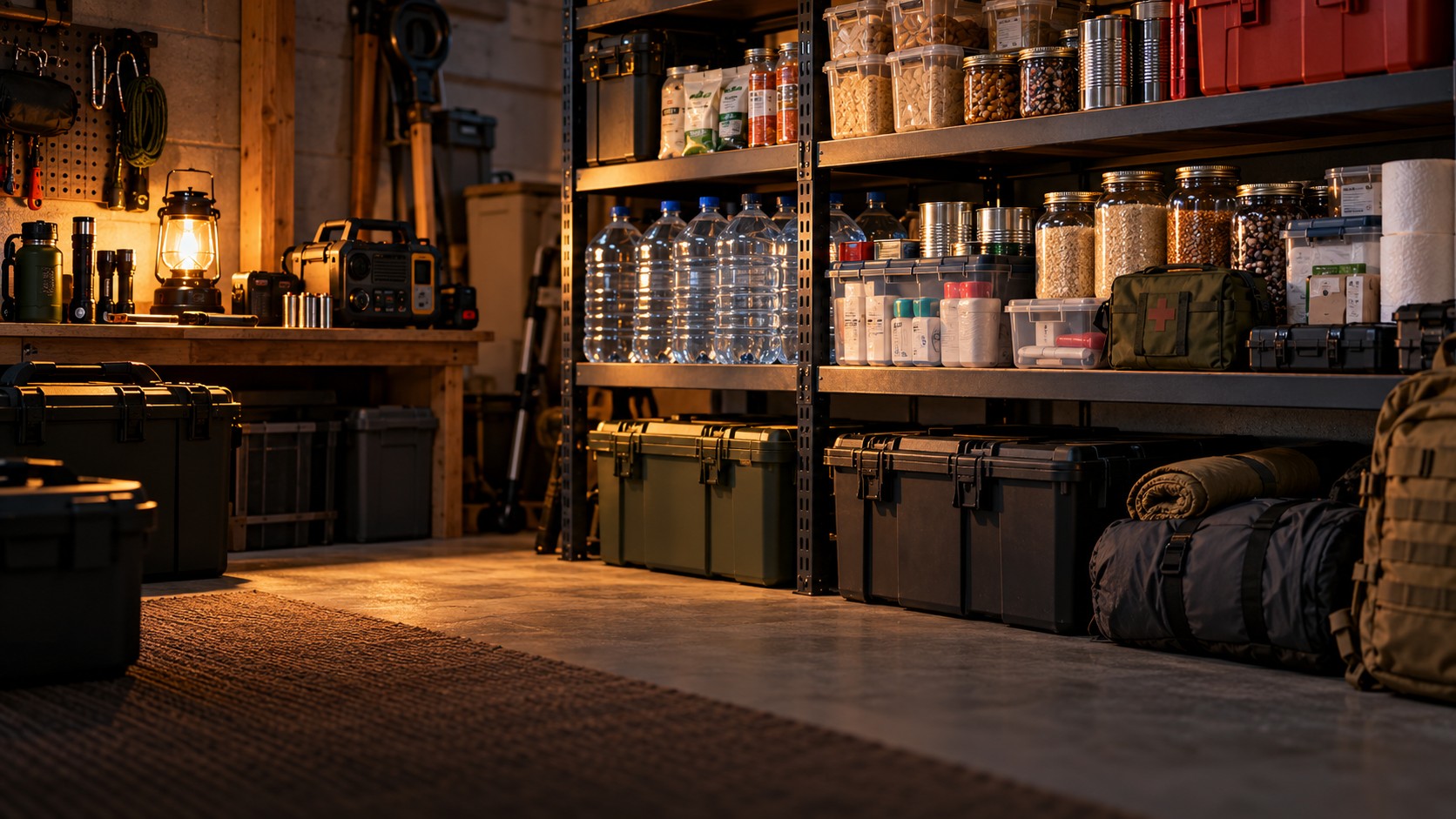 Organized household preparedness storage with food, water, lighting and medical supplies
