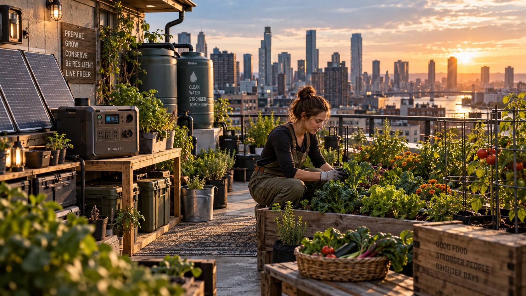 Urban rooftop preparedness garden with backup power and water