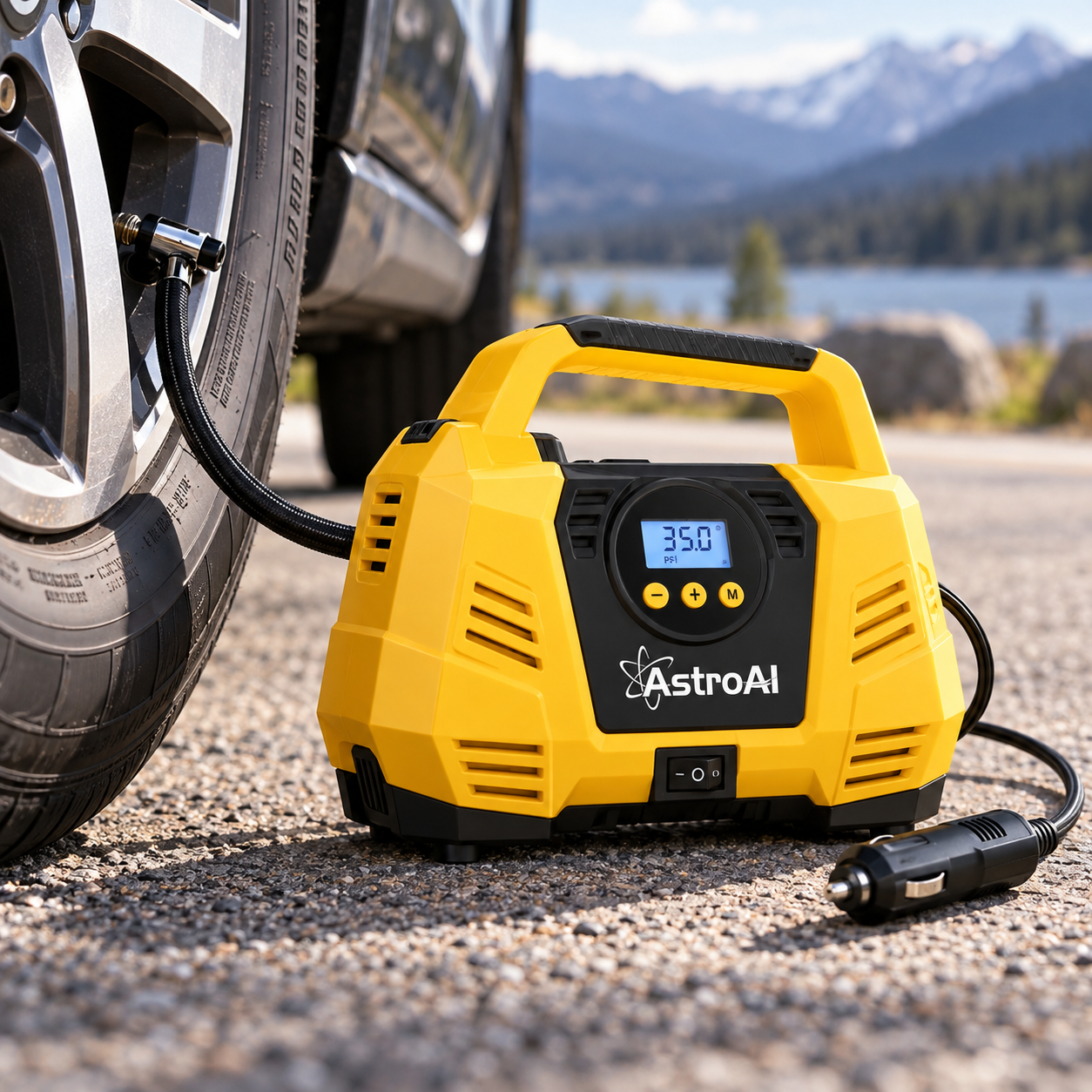 Created illustration of AstroAI AIRUN H 12V Portable Tire Inflator, Yellow