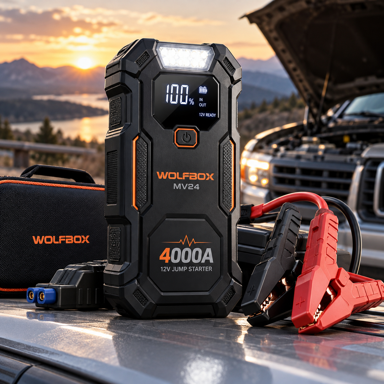 Created illustration of WOLFBOX MV24 4000A Jump Starter with 65W Charging