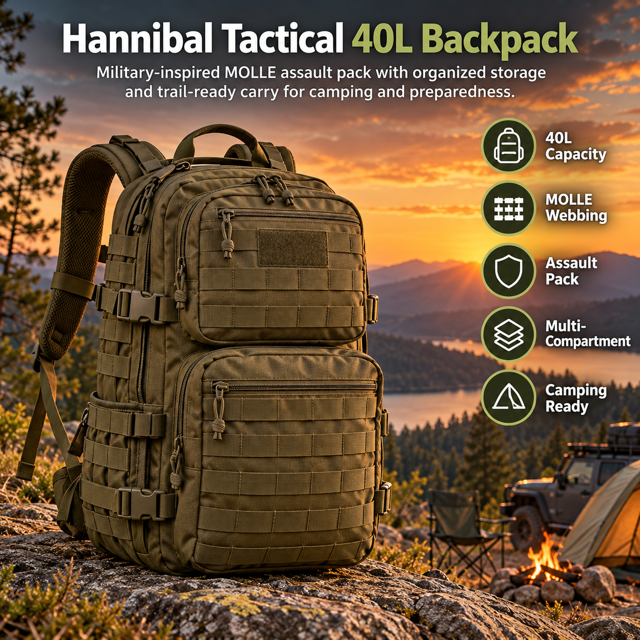 Created illustration of Hannibal Tactical 40L MOLLE Assault Backpack