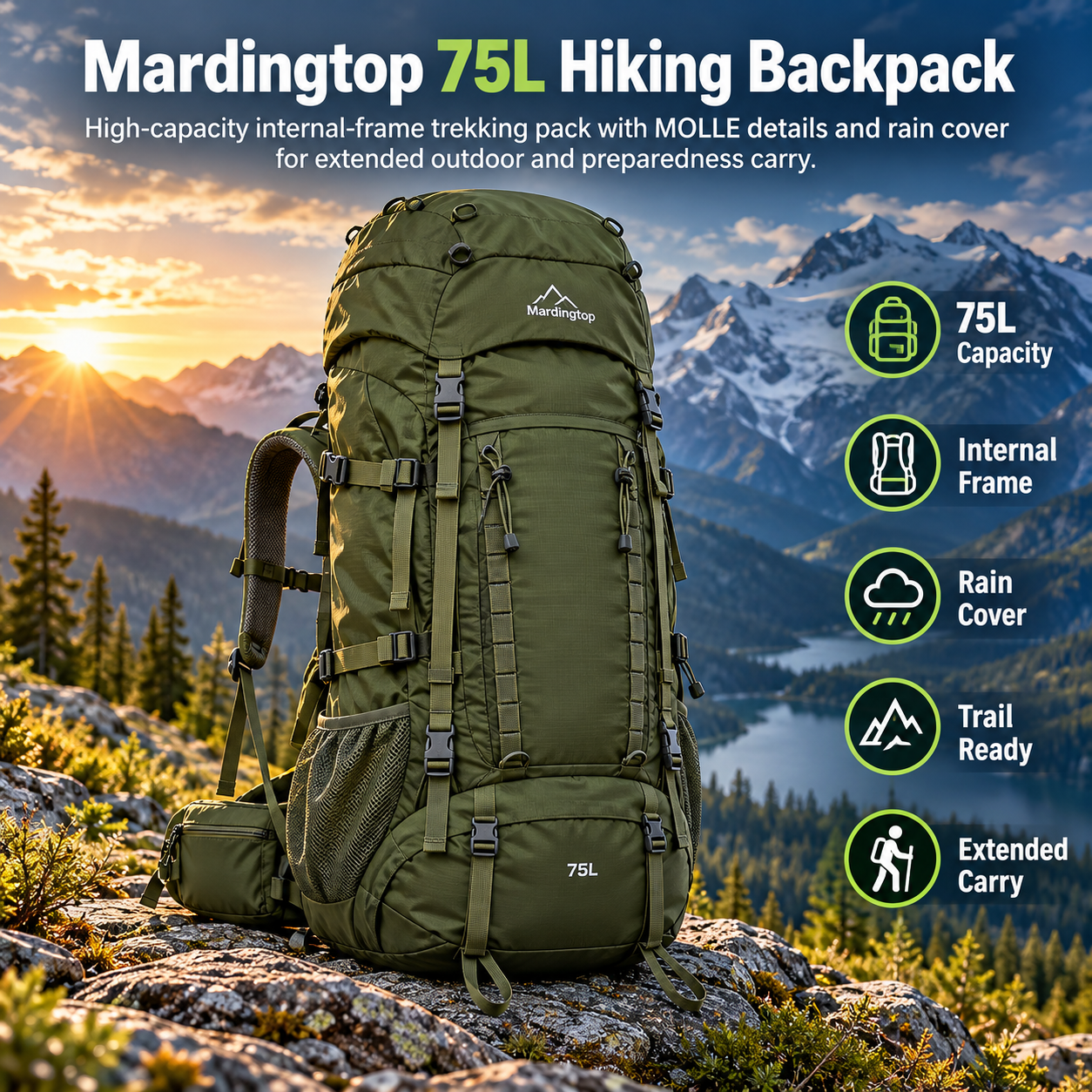 Created illustration of Mardingtop 75L Internal Frame Hiking Backpack with Rain Cover