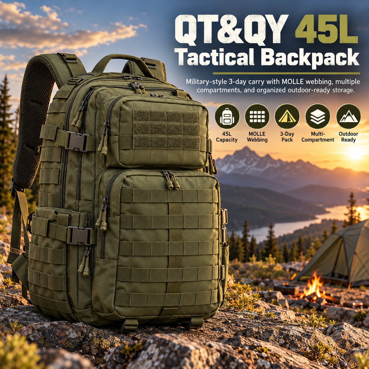 Created illustration of QT&QY 45L Military Tactical MOLLE Backpack
