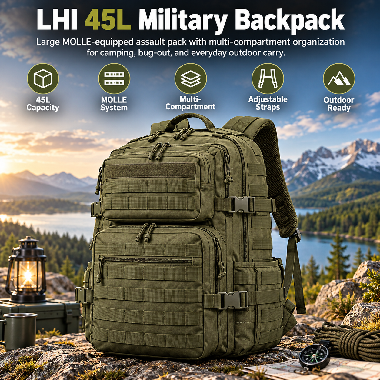 Created illustration of LHI 45L MOLLE Tactical Backpack