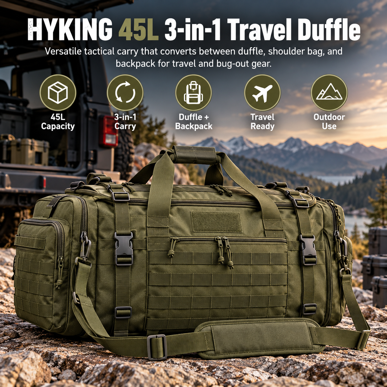 Created illustration of HYKING 45L 3-in-1 Tactical Duffle Backpack