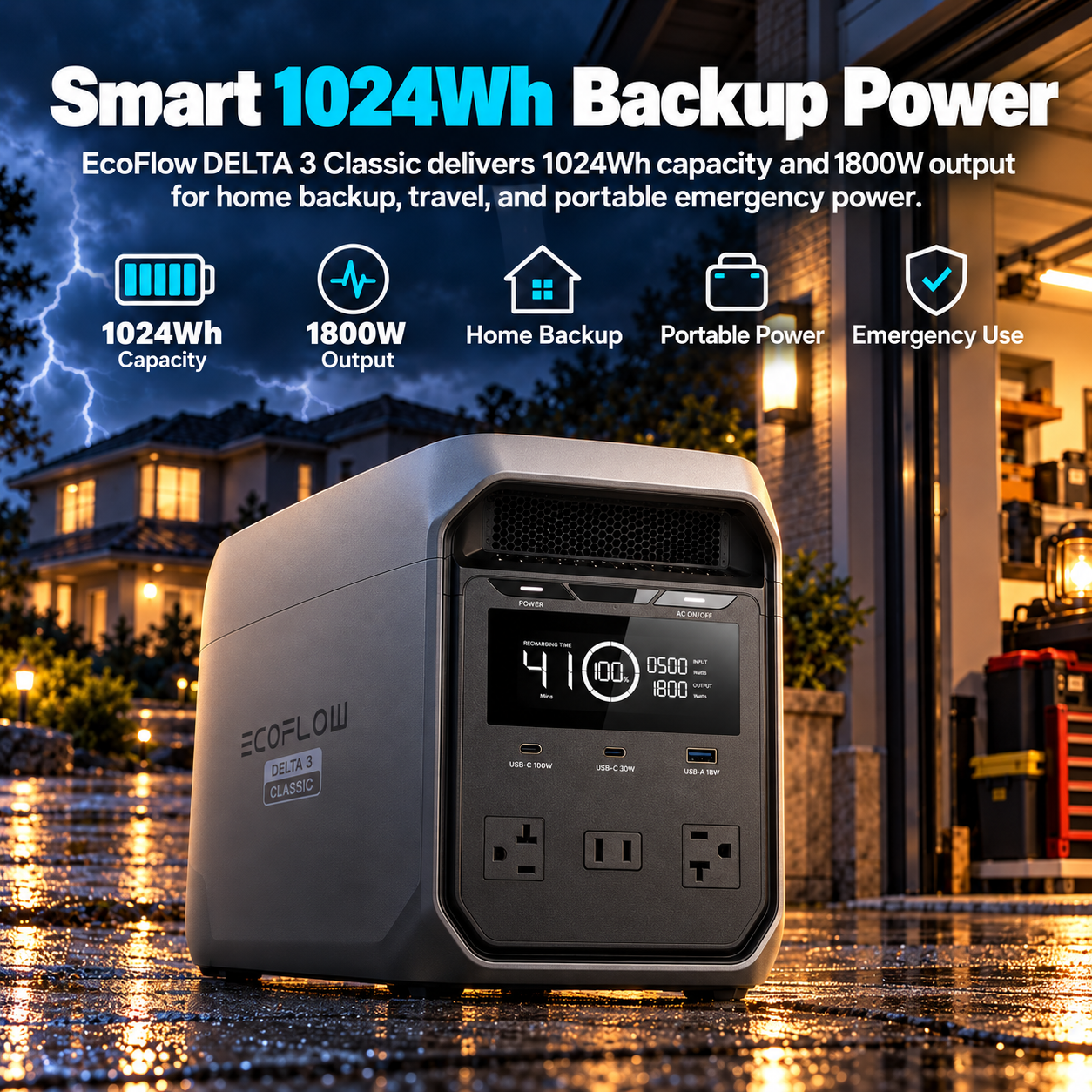 Created illustration of EcoFlow DELTA 3 Classic 1,024Wh Portable Power Station