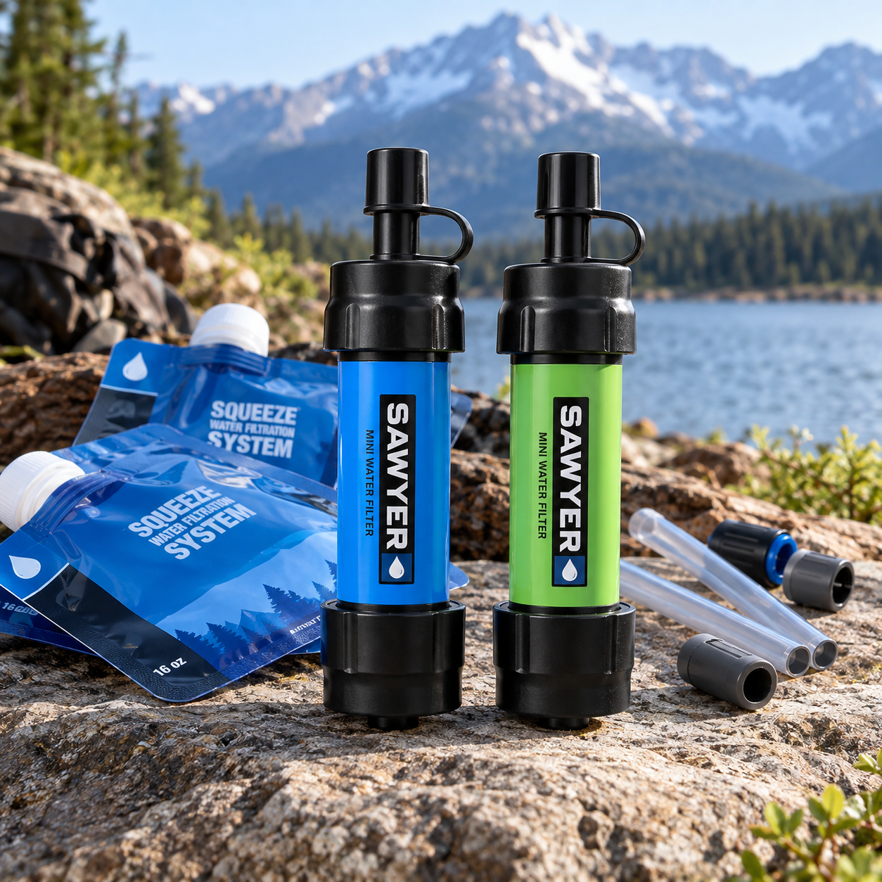 Created illustration of Sawyer MINI Water Filtration System, Blue and Green Two-Pack