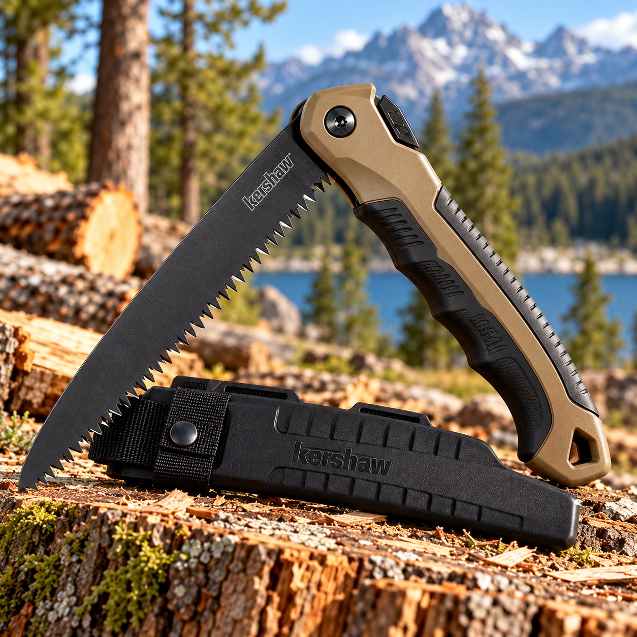 Created illustration of Kershaw Camp 10 Tan Outdoor Machete, Model 1077TAN