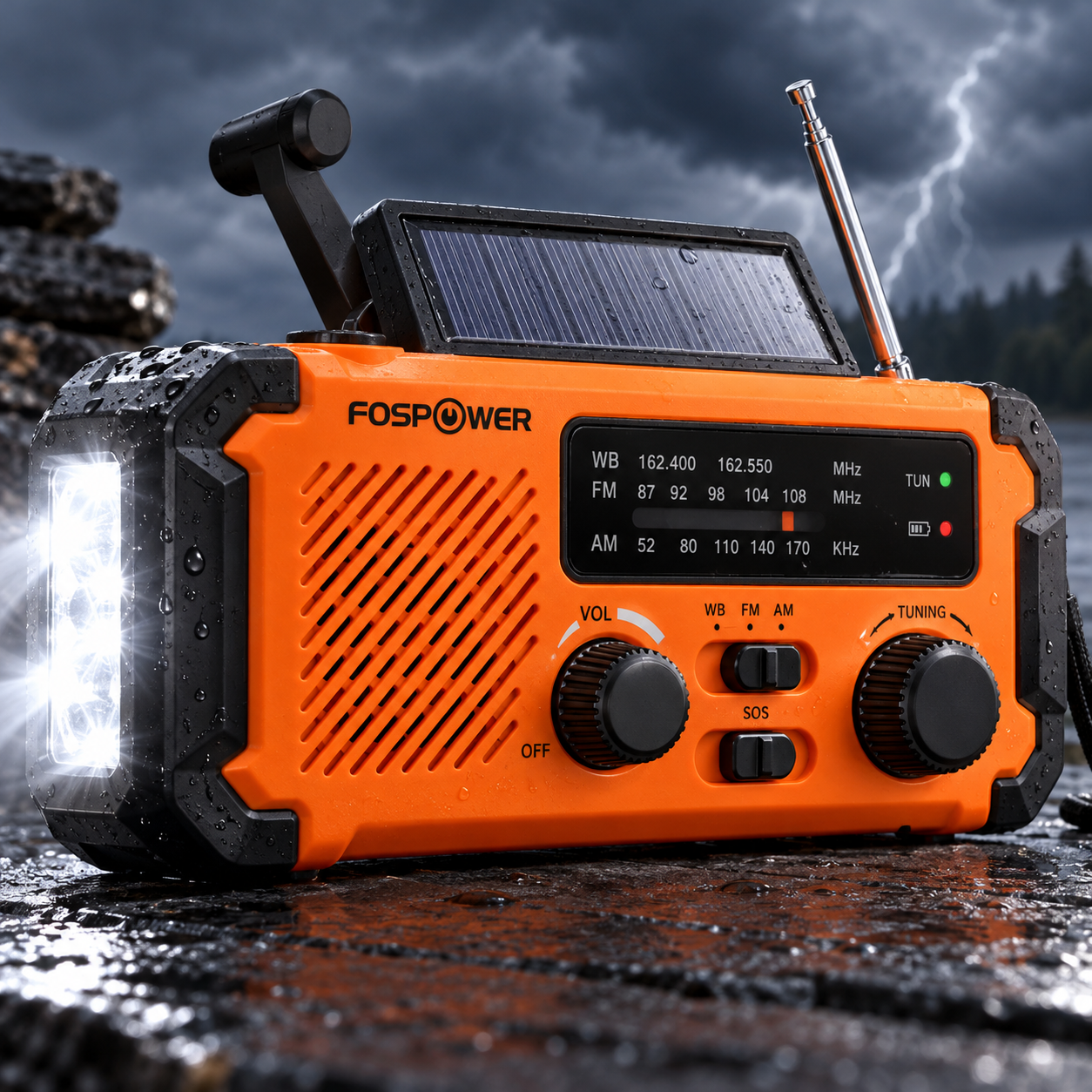Created illustration of FosPower A1 NOAA Solar Hand Crank Weather Radio