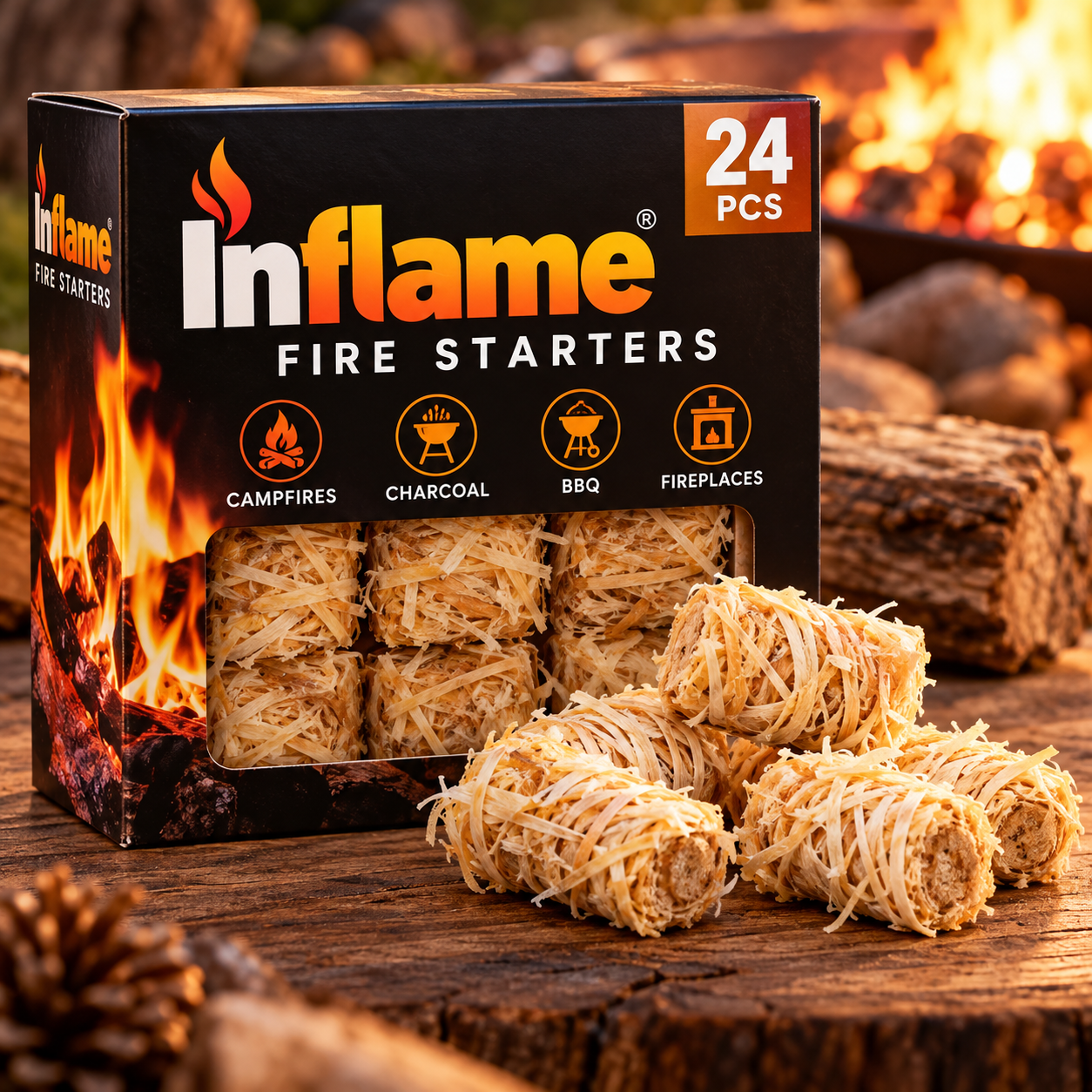 Created illustration of Inflame Natural Wood Fire Starters 24 Pieces