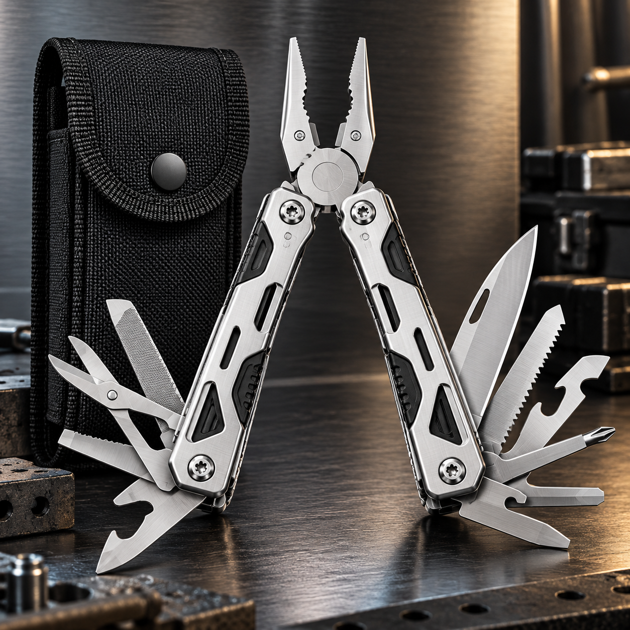 Created illustration of 14-in-1 Stainless Steel Multitool with Nylon Sheath