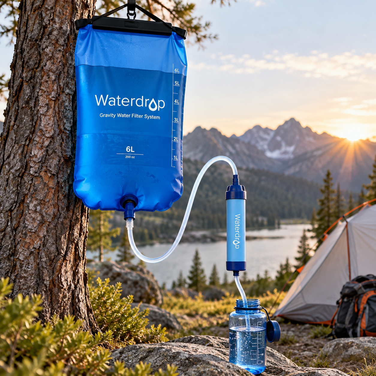 Created illustration of Waterdrop Gravity Water Filter Straw with Water Bag