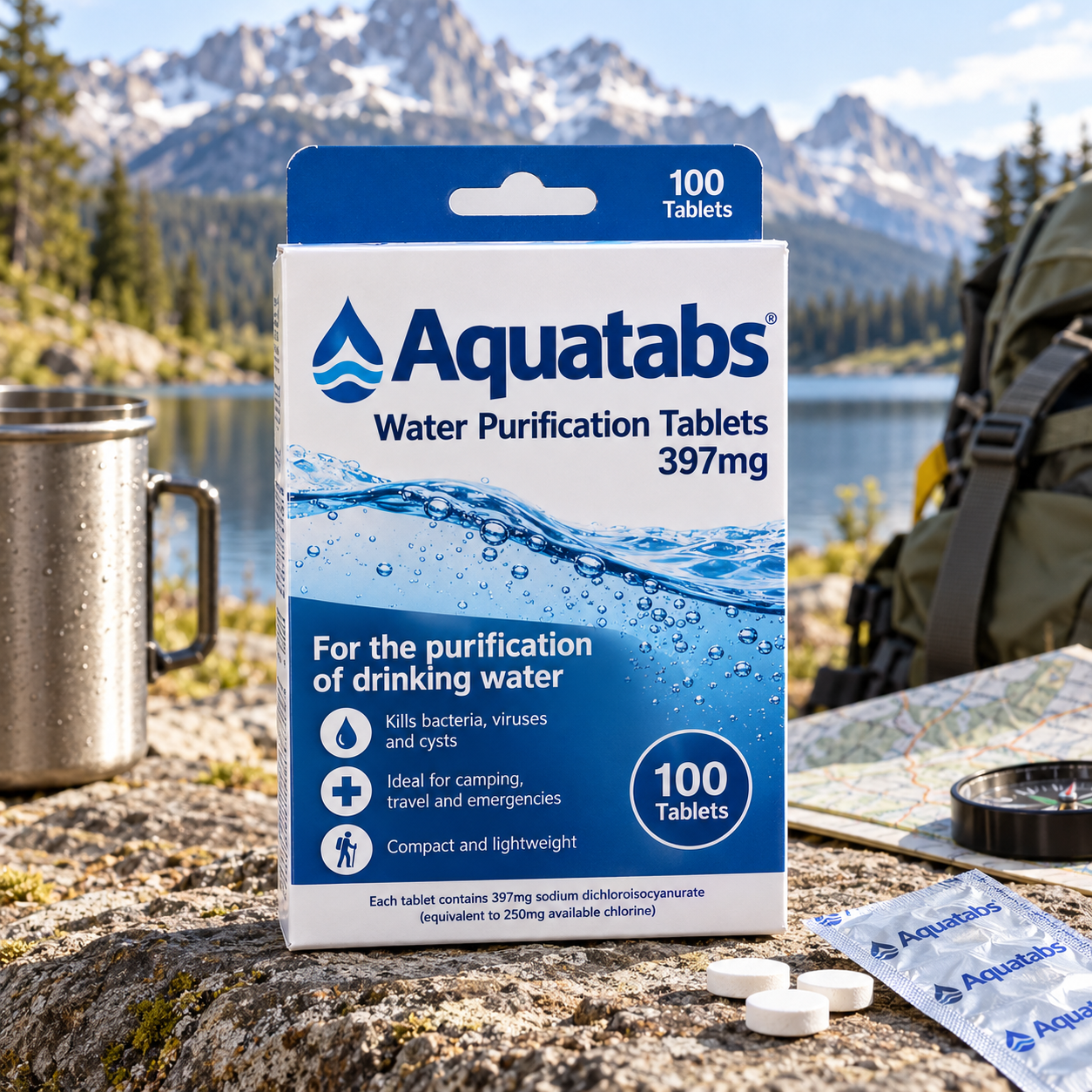 Created illustration of Aquatabs 397mg Water Purification Tablets, 100-Pack