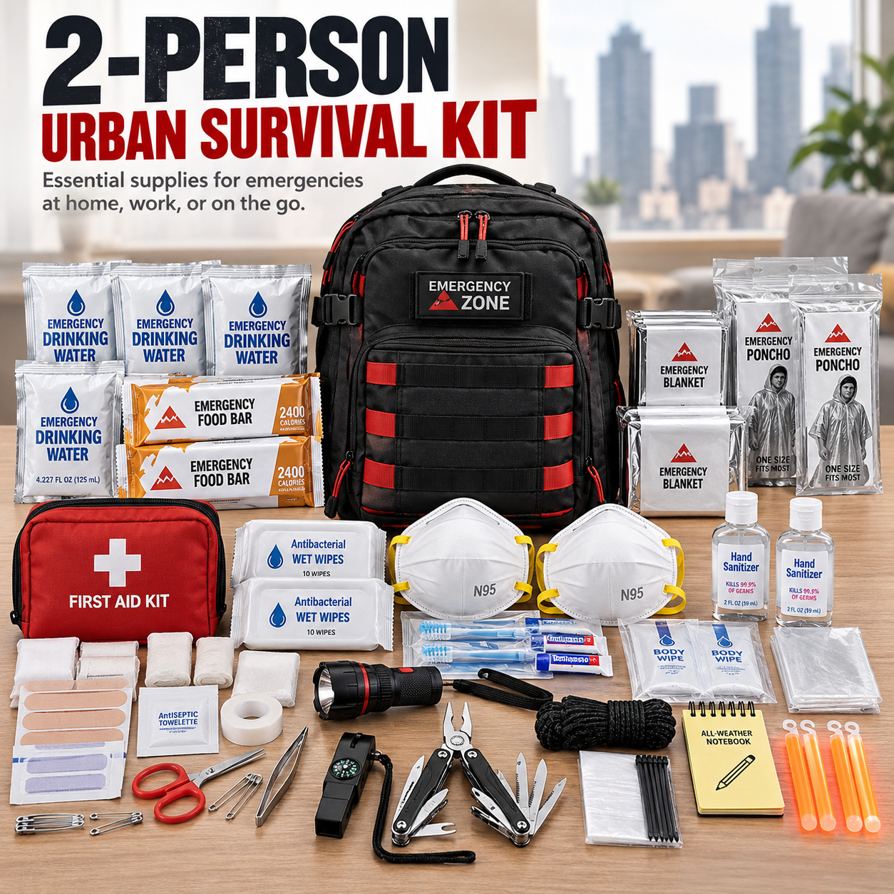 Created illustration of Emergency Zone Urban Survival Bug-Out Bag for Two