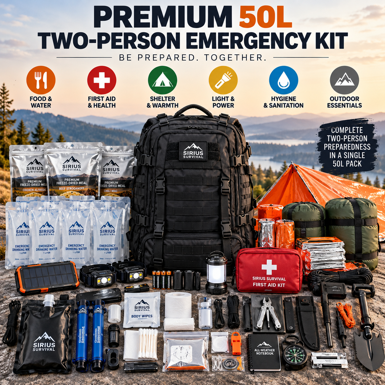Created illustration of Sirius Survival 175-Piece Two-Person 50L Emergency Bug-Out Bag