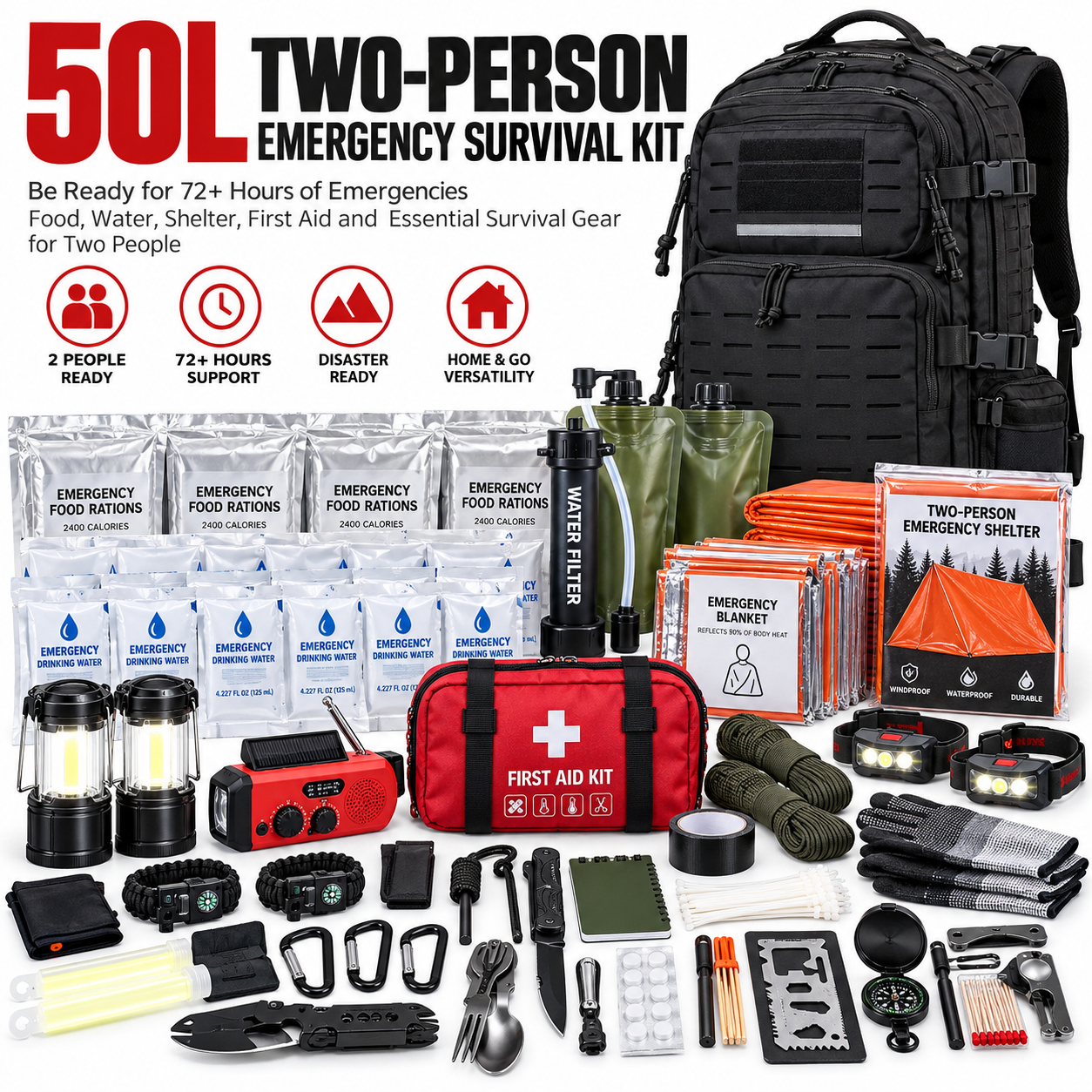 Created illustration of Sirius Survival 50L Two-Person Prepacked 72-Hour Bug-Out Kit