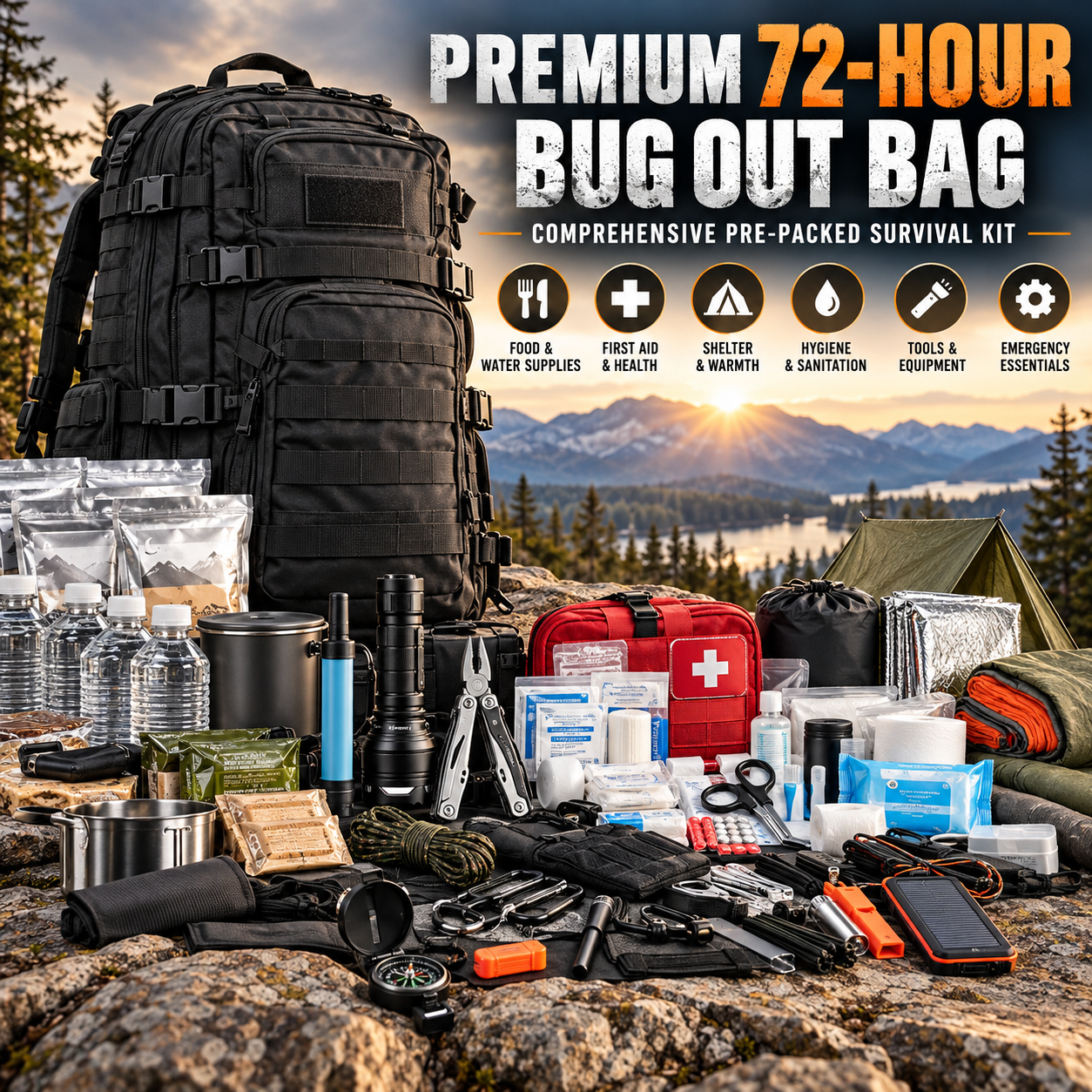 Created illustration of Sirius Survival Premium 232-Piece Two-Person 72-Hour Bug-Out Bag