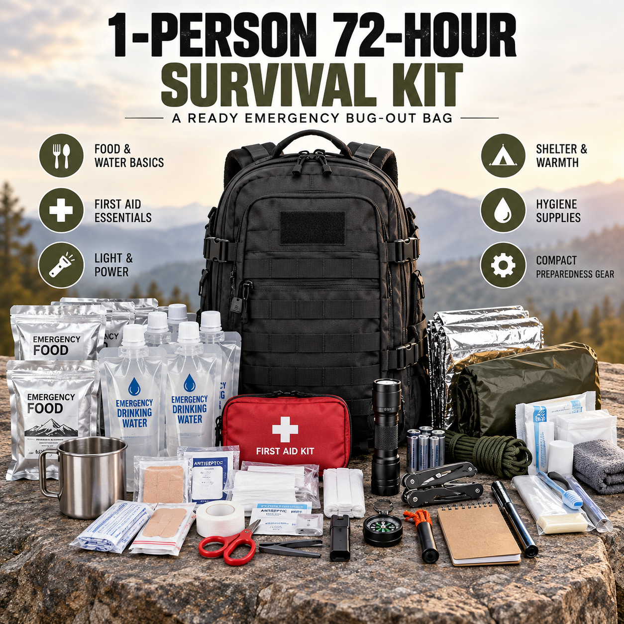 Created illustration of Sirius Survival One-Person 72-Hour Starter Emergency Kit